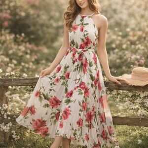 B. Darlin Floral Chiffon Pleated Maxi Dress Juniors 7/8 Cottagecore Spring